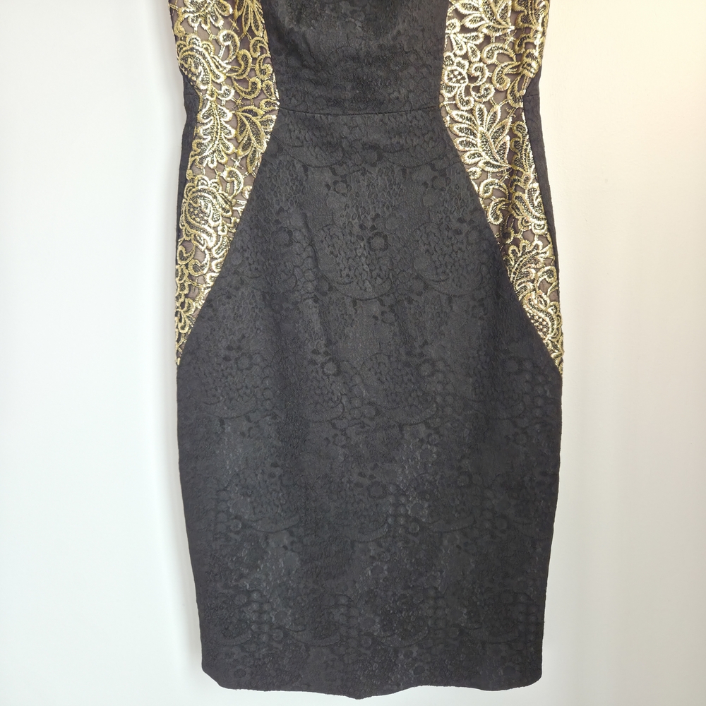 Carmen Marc Valvo Formal Black Gold Panel Brocade Bodycon Cocktail Dress Size 6 - Picture 4 of 11